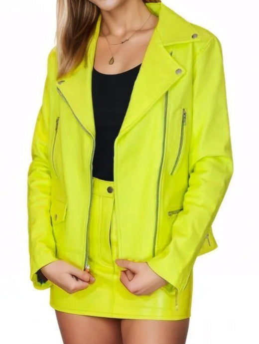 Handcrafted Women's Sheepskin Leather Biker Jacket – Premium Biker Style Lime Green - Tenku Designs