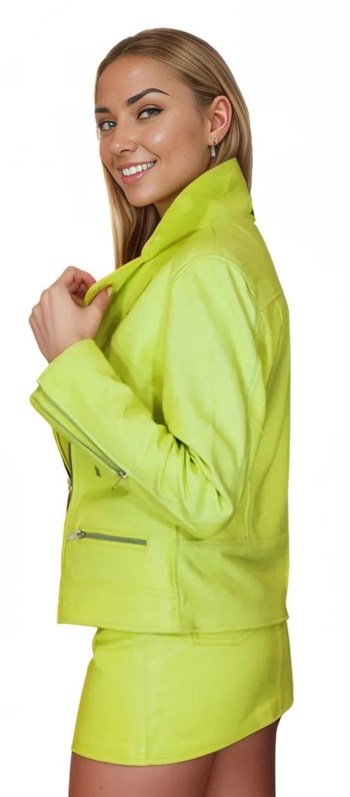 Handcrafted Women's Sheepskin Leather Biker Jacket – Premium Biker Style Lime Green - Tenku Designs