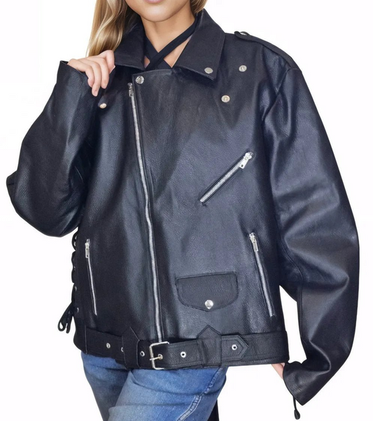 Handcrafted Women's Sheepskin Leather Biker Jacket – Premium Style Black