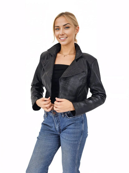 Handcrafted Women's Sheepskin Leather Jacket – Cropped Black Crocodile - Tenku Designs