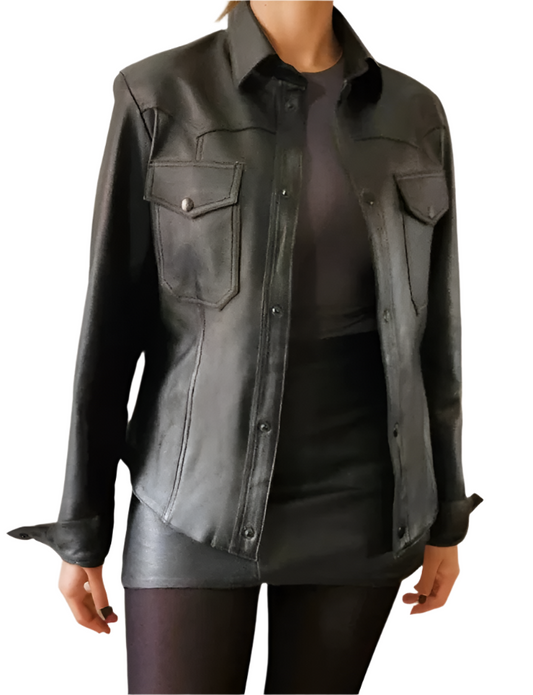 Handcrafted Women's Sheepskin Leather Shirt – Western-Style Black Button-Up