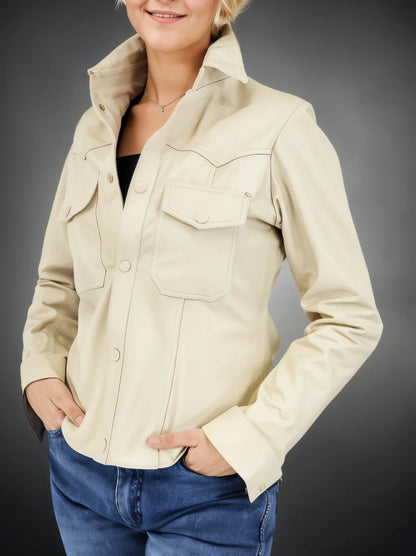 Handcrafted Women's Sheepskin Leather Shirt – Western - Style Bone Button - Up - Tenku Designs