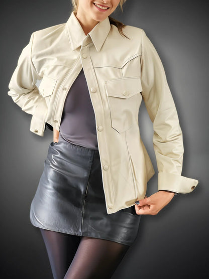 Handcrafted Women's Sheepskin Leather Shirt – Western - Style Bone Button - Up - Tenku Designs