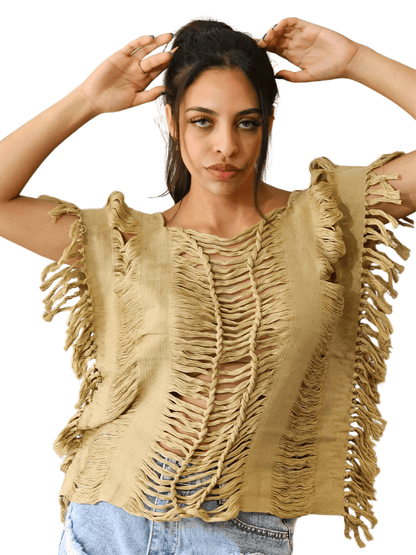 Handwoven Frayed Edge Cotton Top – Artisan Backstrap Loom Blouse | Chic Style Khaki - Tenku Designs