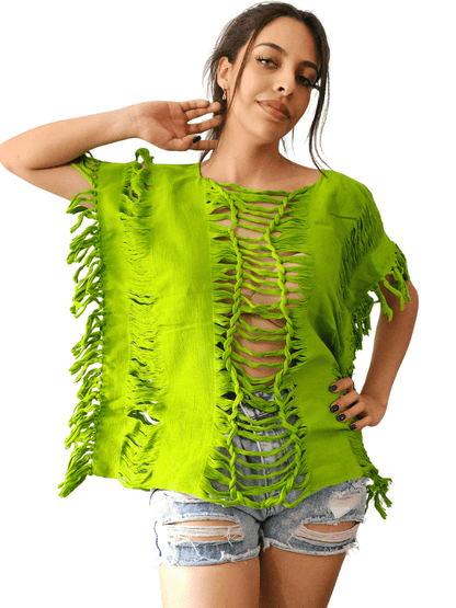 Handwoven Frayed Edge Cotton Top – Artisan Backstrap Loom Blouse | Chic Style Lime Green - Tenku Designs