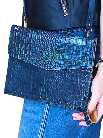 Hybrid Crosboddy Hand Wrist Bag Cocodrille Navy Blue - Tenku Designs