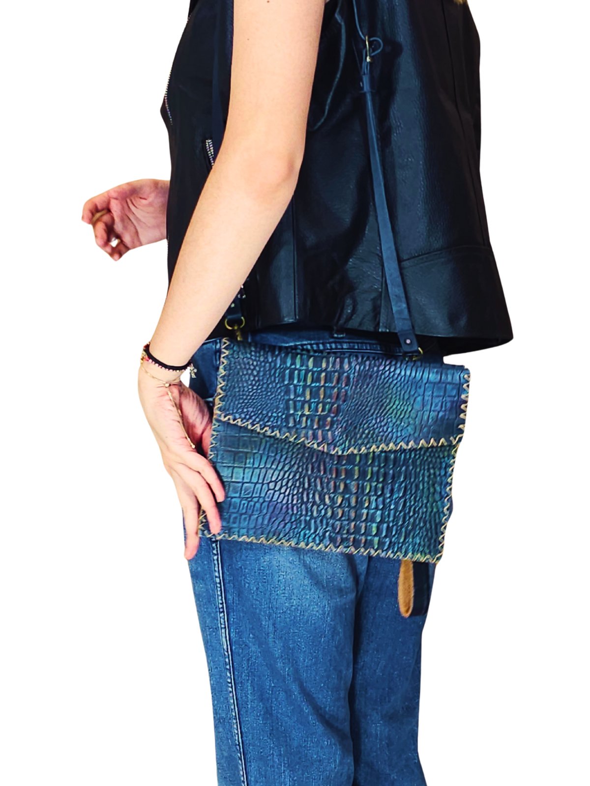 Hybrid Crosboddy Hand Wrist Bag Cocodrille Navy Blue - Tenku Designs