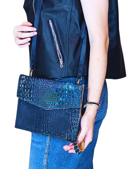 Hybrid Crosboddy Hand Wrist Bag Cocodrille Navy Blue - Tenku Designs