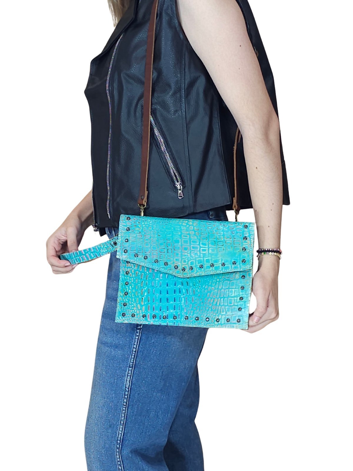 Hybrid Crosboddy Hand Wrist Bag Cocodrille Turquoise - Tenku Designs