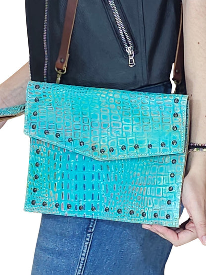 Hybrid Crosboddy Hand Wrist Bag Cocodrille Turquoise - Tenku Designs