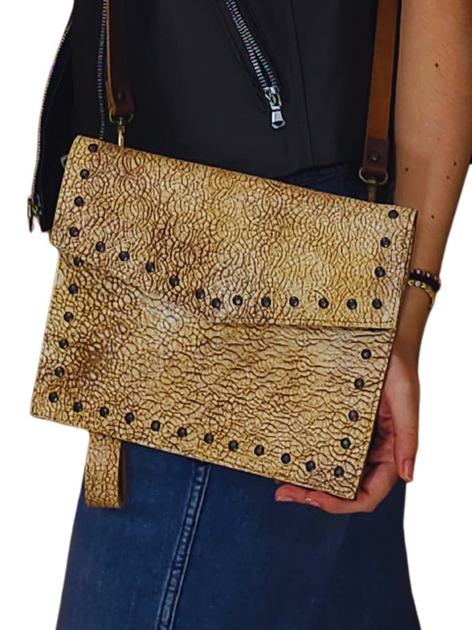 Hybrid Crosboddy Hand Wrist Bag Crocodile Embossed Beige Light Yellow - Tenku Designs