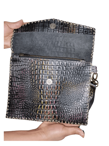 Hybrid Crosboddy Hand Wrist Bag Crocodile Embossed Black - Tenku Designs