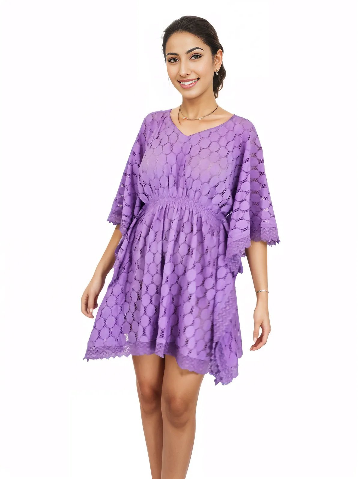 Lace V - Neck Dress with Scalloped Edges Purple - Tenku Designs