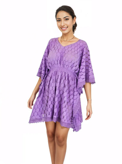 Lace V - Neck Dress with Scalloped Edges Purple - Tenku Designs