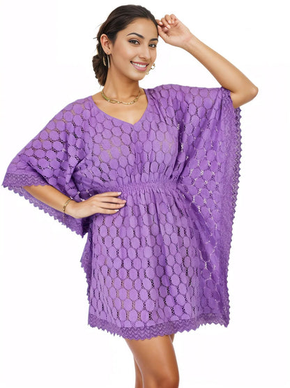 Lace V - Neck Dress with Scalloped Edges Purple - Tenku Designs