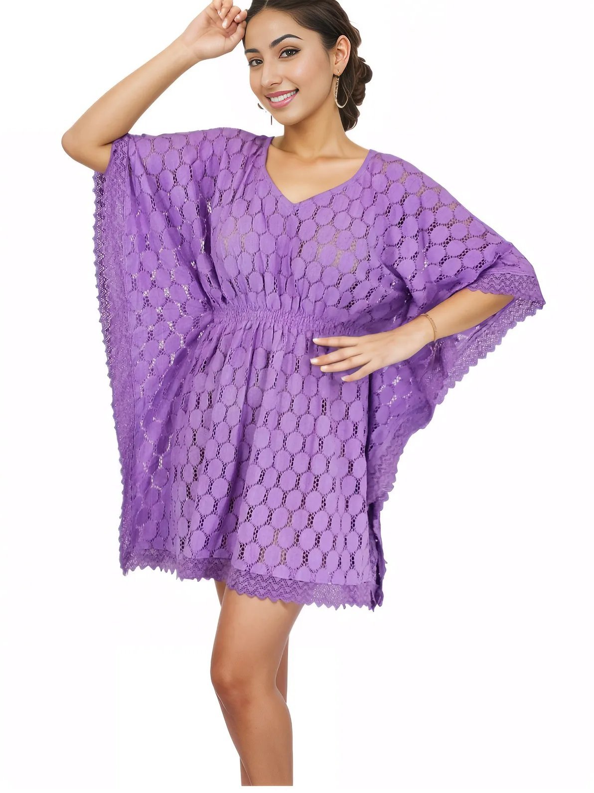 Lace V - Neck Dress with Scalloped Edges Purple - Tenku Designs