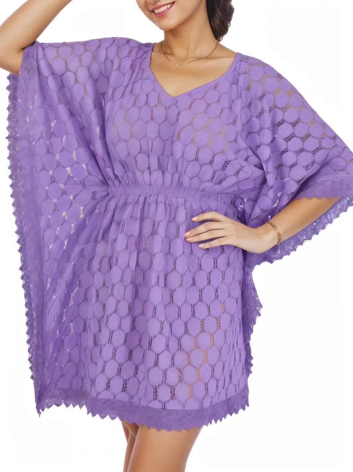 Lace V - Neck Dress with Scalloped Edges Purple - Tenku Designs
