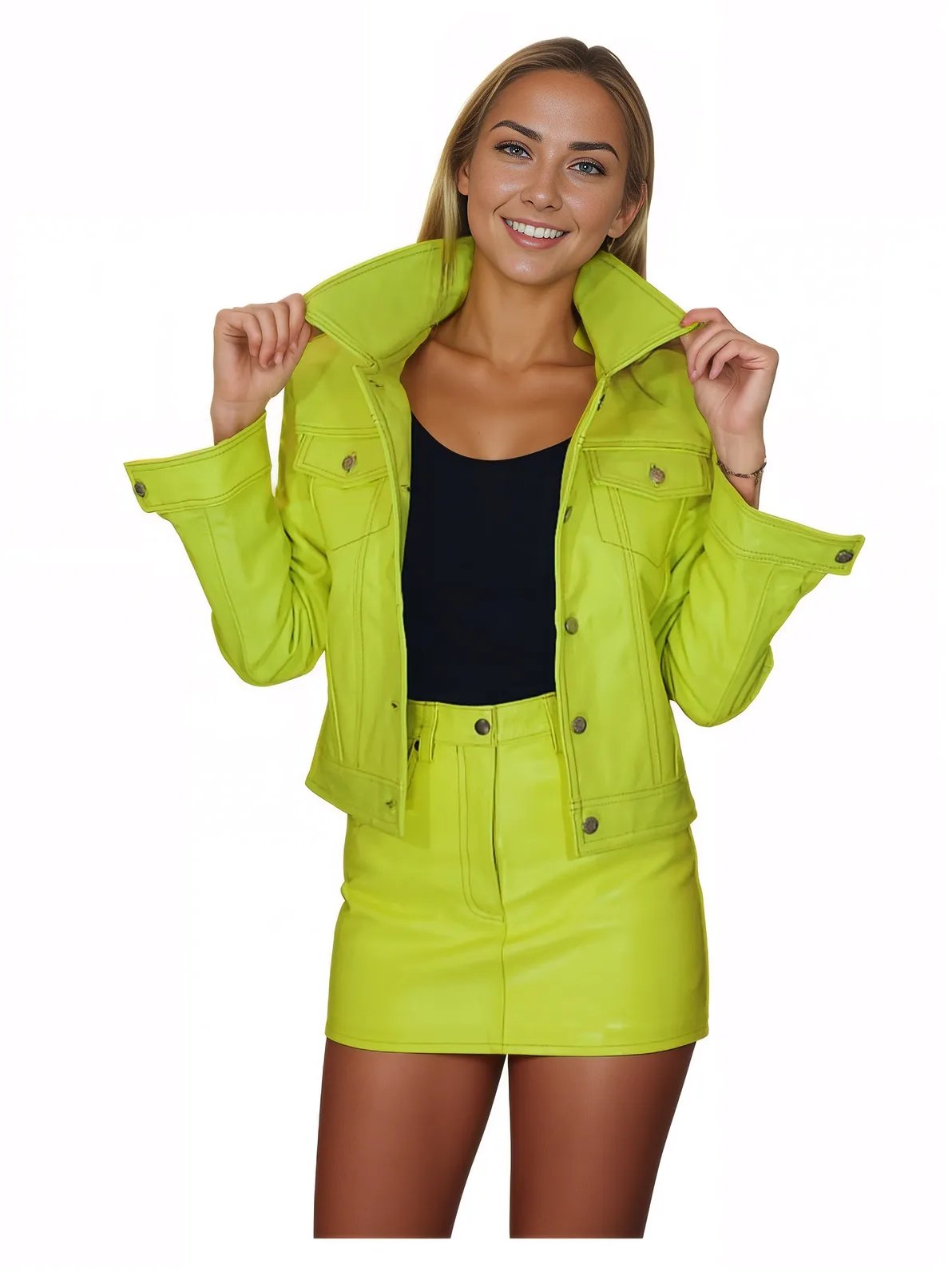 Lambskin Leather Mini Skirt Lime Green * - Tenku Designs