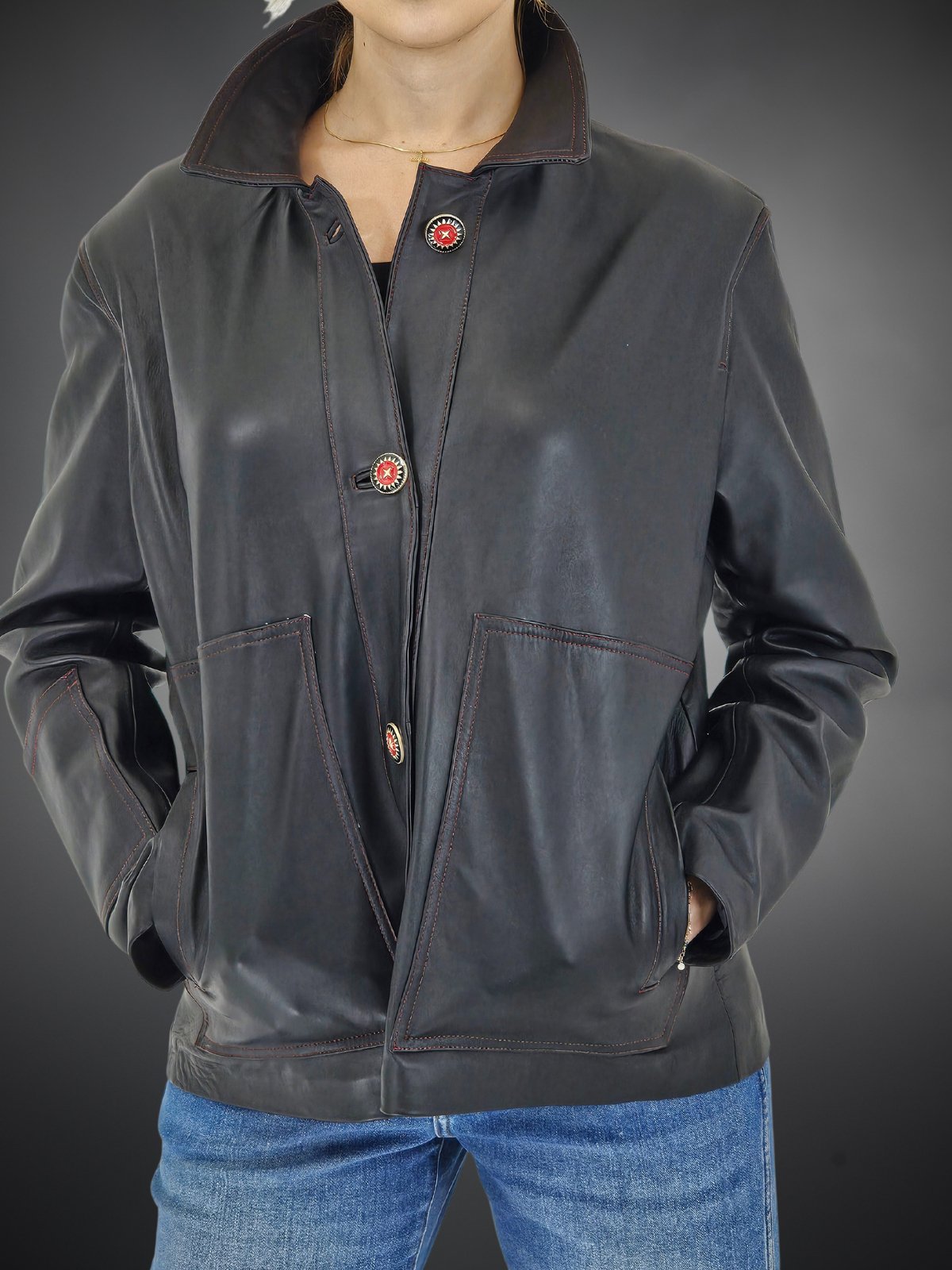 Leather Jacket w/Red Thread - Tenku Designs