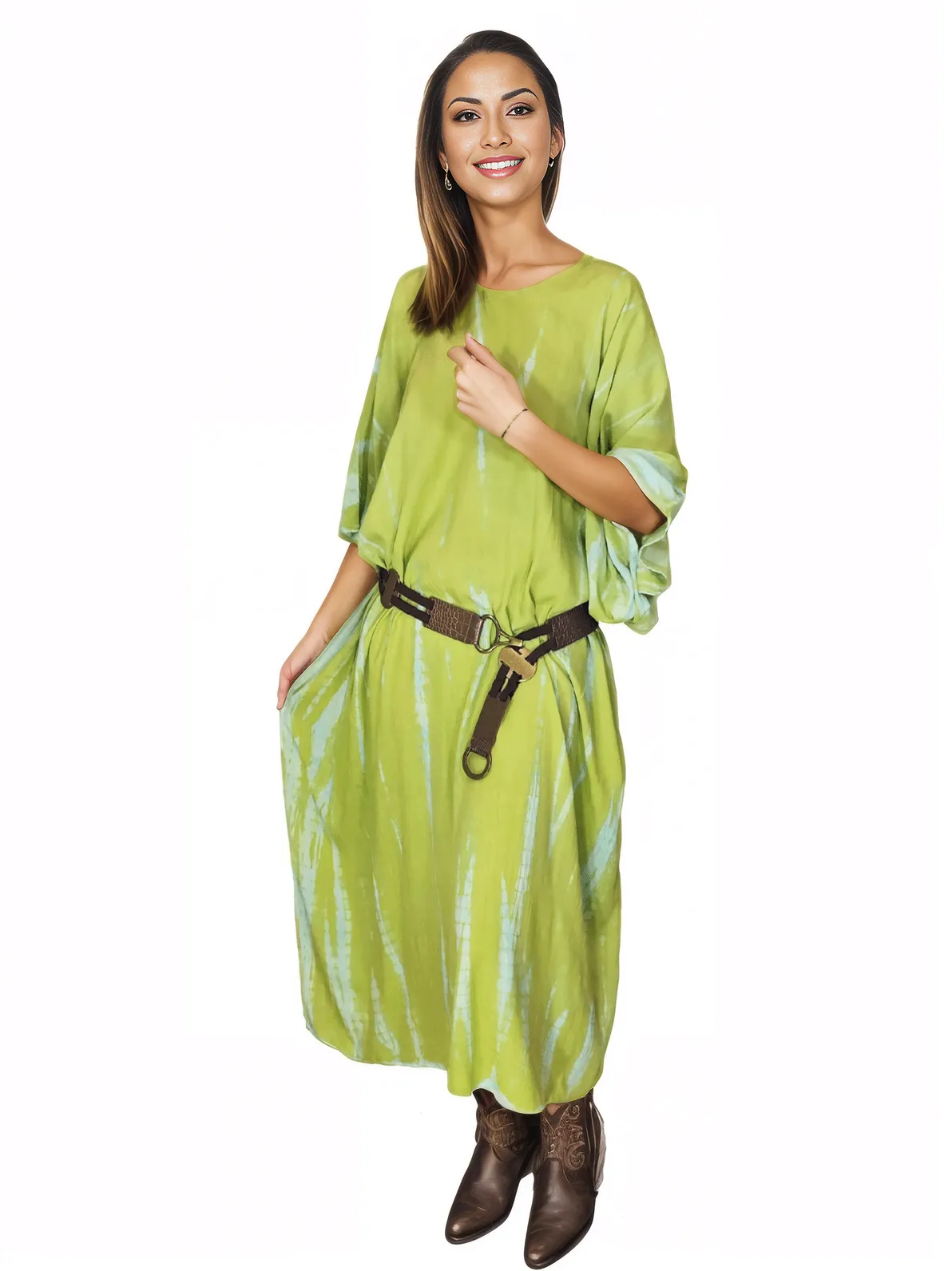 Lime Green Hand - Dyed Tie - Dye Maxi Kaftan Dress – Boho Chic, Flowy and Comfortable - Tenku Designs