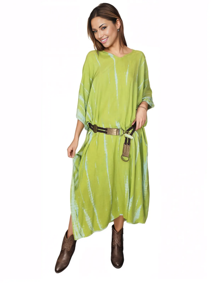 Lime Green Hand - Dyed Tie - Dye Maxi Kaftan Dress – Boho Chic, Flowy and Comfortable - Tenku Designs