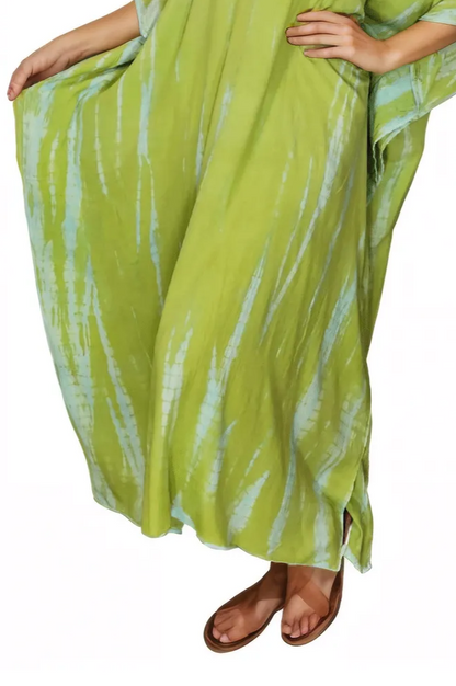Lime Green Hand - Dyed Tie - Dye Maxi Kaftan Dress – Boho Chic, Flowy and Comfortable - Tenku Designs