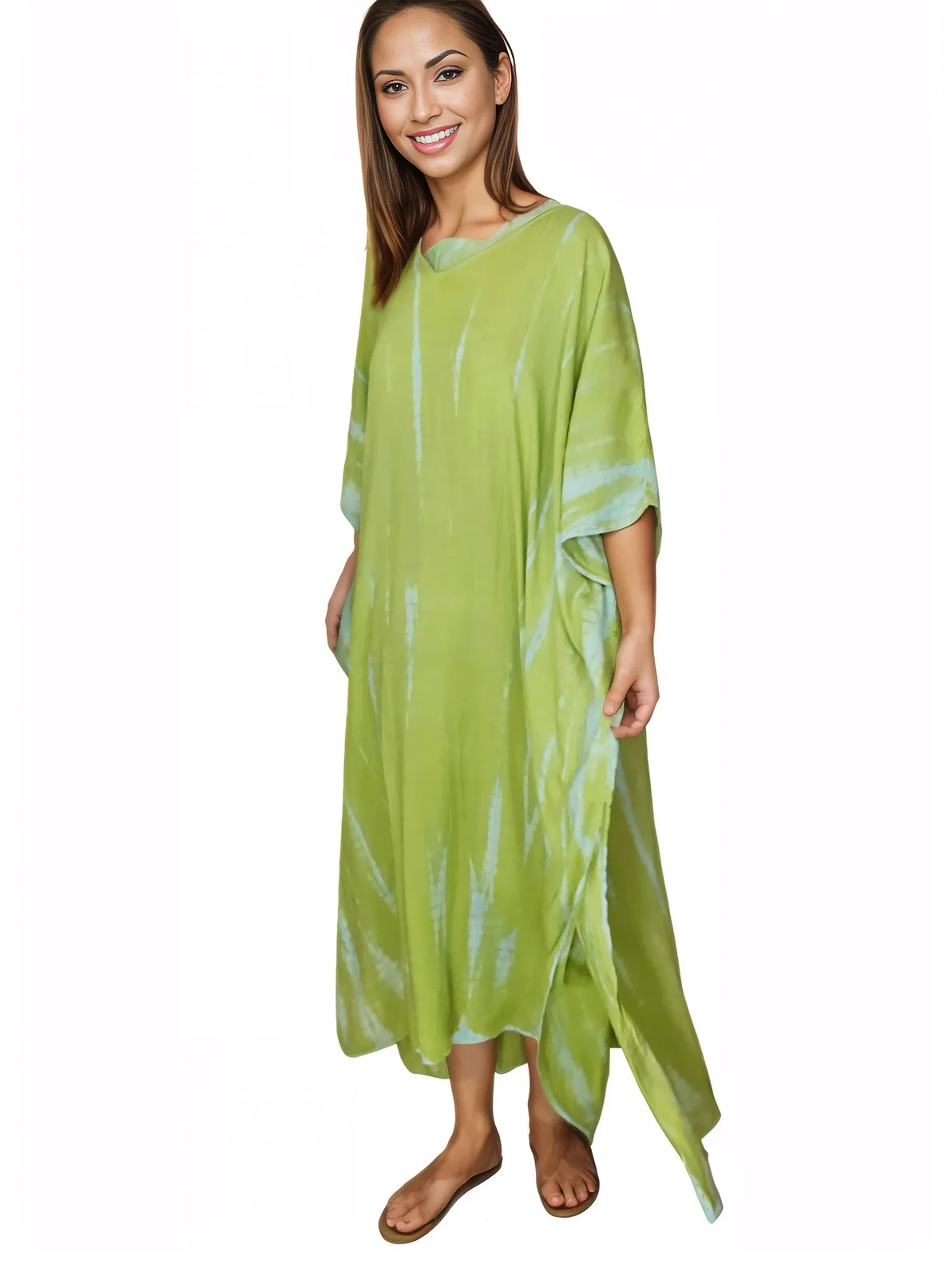 Lime Green Hand - Dyed Tie - Dye Maxi Kaftan Dress – Boho Chic, Flowy and Comfortable - Tenku Designs