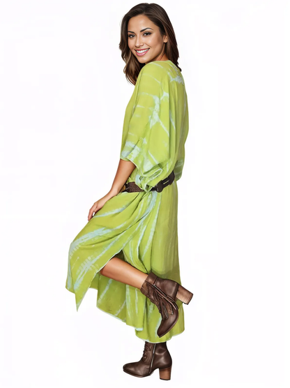 Lime Green Hand - Dyed Tie - Dye Maxi Kaftan Dress – Boho Chic, Flowy and Comfortable - Tenku Designs