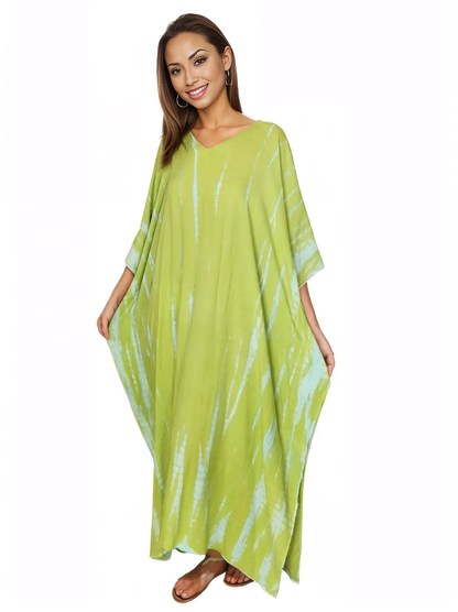 Lime Green Hand - Dyed Tie - Dye Maxi Kaftan Dress – Boho Chic, Flowy and Comfortable - Tenku Designs