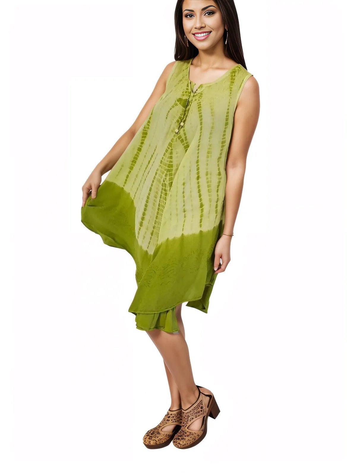 Lime Green Tie - Dye Sleeveless Boho Dress – Lightweight & Embroidered | Tenku Designs - Tenku Designs