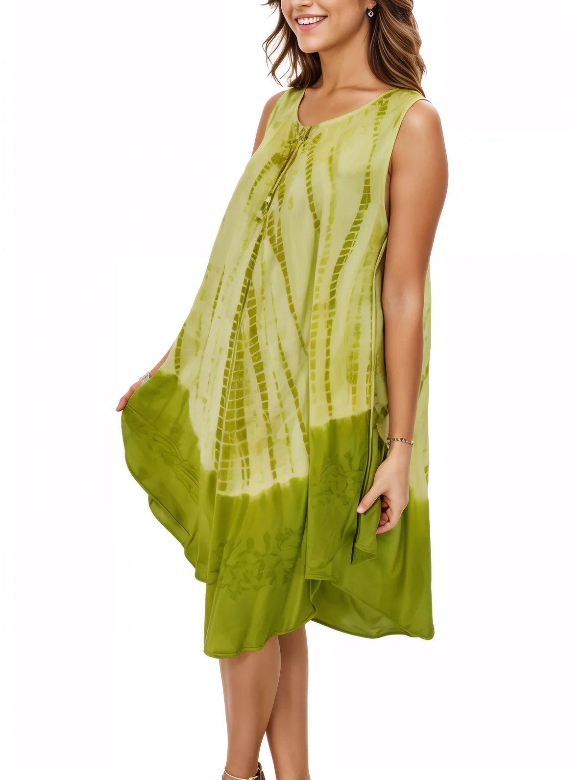 Lime Green Tie - Dye Sleeveless Boho Dress – Lightweight & Embroidered | Tenku Designs - Tenku Designs