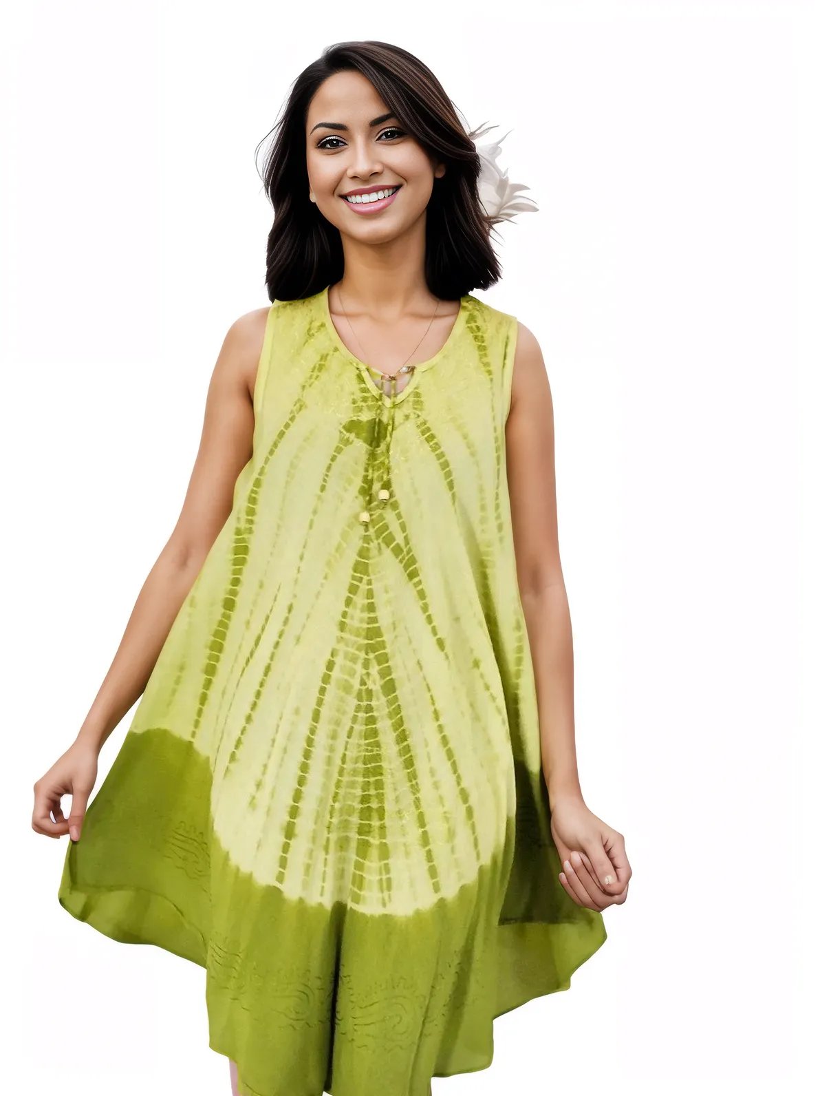 Lime Green Tie - Dye Sleeveless Boho Dress – Lightweight & Embroidered | Tenku Designs - Tenku Designs