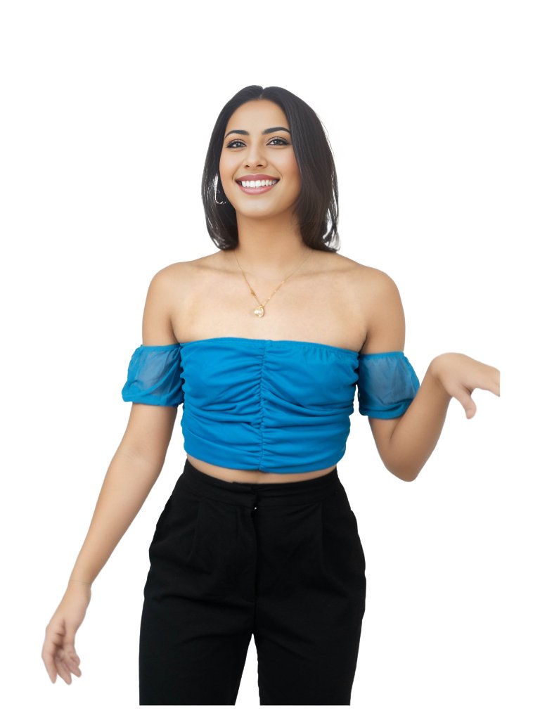 Mesh Off Shoulder Ruched Crop Top Blue - Tenku Designs