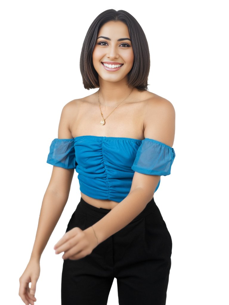 Mesh Off Shoulder Ruched Crop Top Blue - Tenku Designs