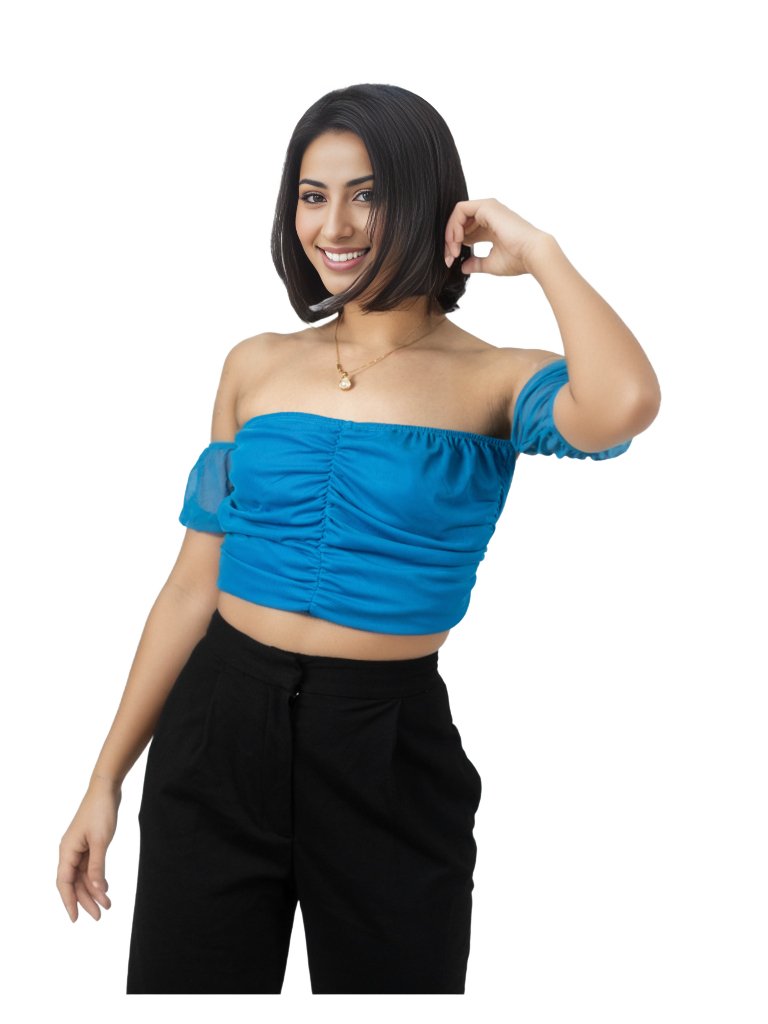 Mesh Off Shoulder Ruched Crop Top Blue - Tenku Designs