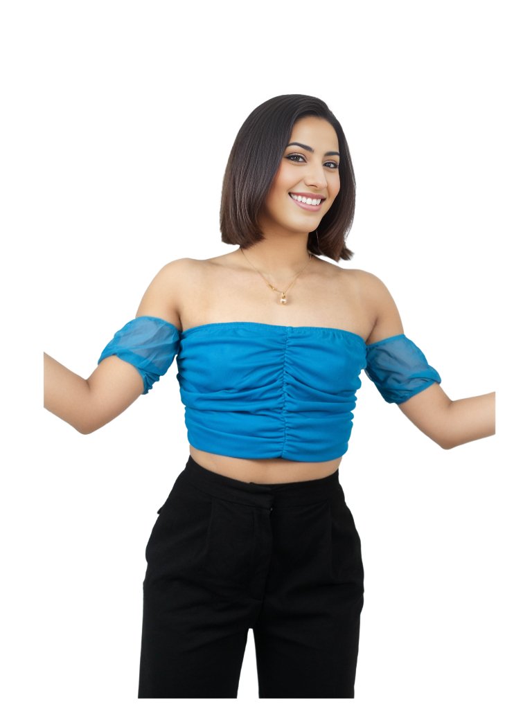 Mesh Off Shoulder Ruched Crop Top Blue - Tenku Designs