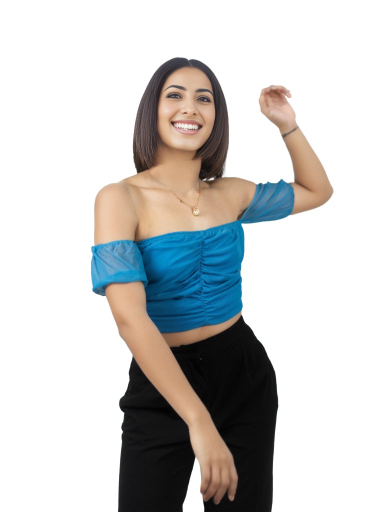 Mesh Off Shoulder Ruched Crop Top Blue - Tenku Designs