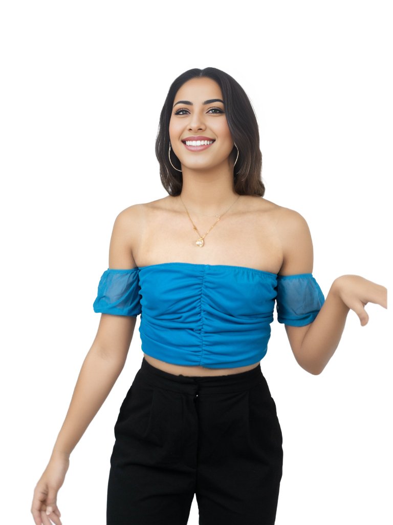 Mesh Off Shoulder Ruched Crop Top Blue - Tenku Designs