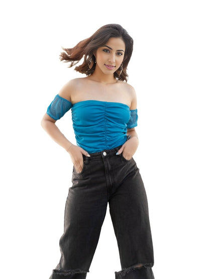 Mesh Off Shoulder Ruched Crop Top Blue - Tenku Designs