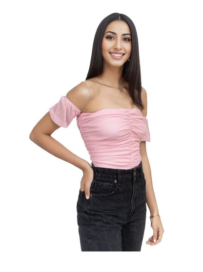 Mesh Off Shoulder Ruched Crop Top Light Pink - Tenku Designs