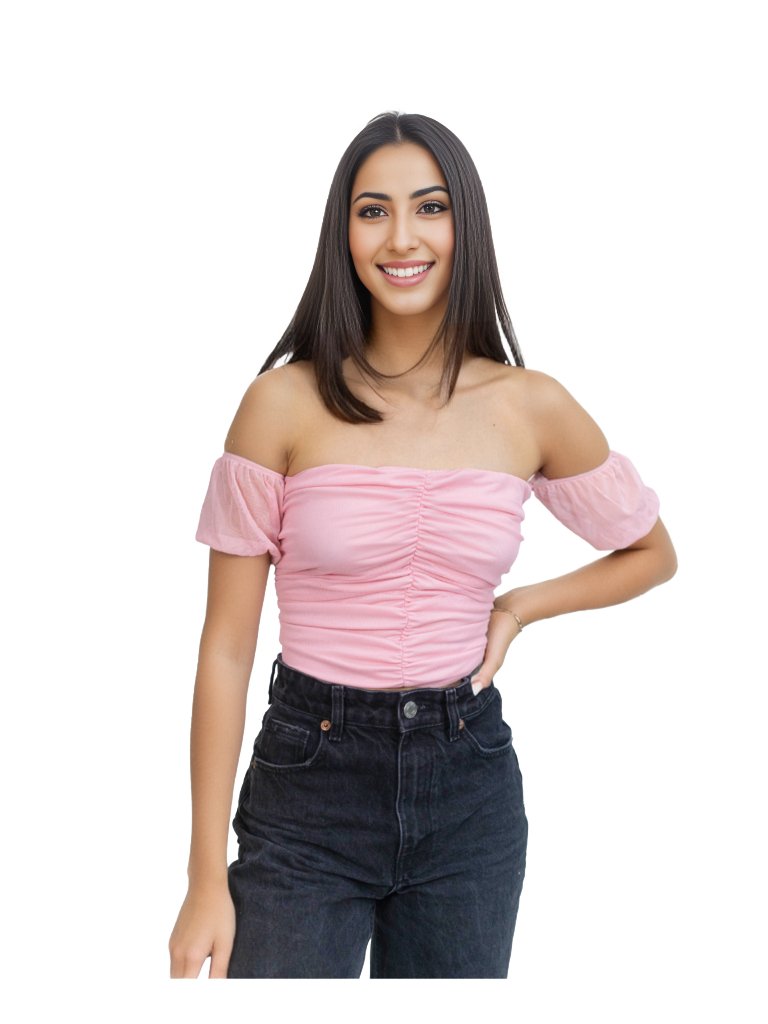 Mesh Off Shoulder Ruched Crop Top Light Pink - Tenku Designs