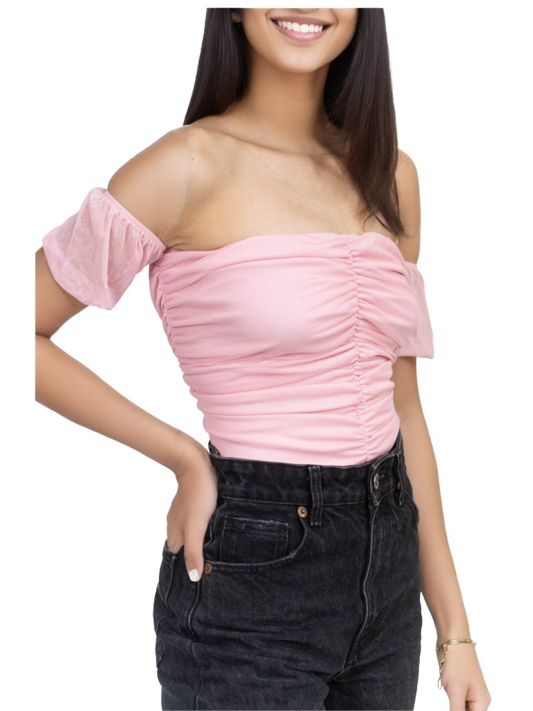 Mesh Off Shoulder Ruched Crop Top Light Pink - Tenku Designs