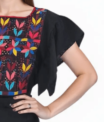 Hand-Embroidered Mexican Cotton Dress – Black Boho Flutter Sleeve Artisan Wrap Skirt