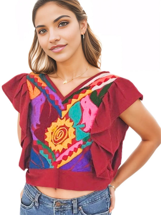 Mexican Folkloric Rococo Top Red - Tenku Designs