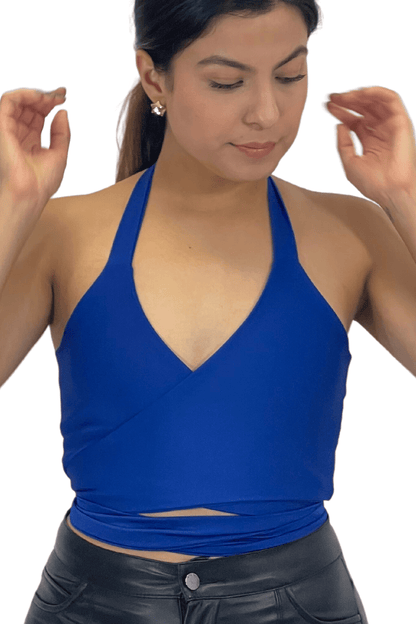 Multi - Way Halter Cross Neck Wrap Top with 2 Interchangeable Buckles – Adjustable, Chlorine - Resistant, Versatile Crop Top Cobalt Blue - Tenku Designs