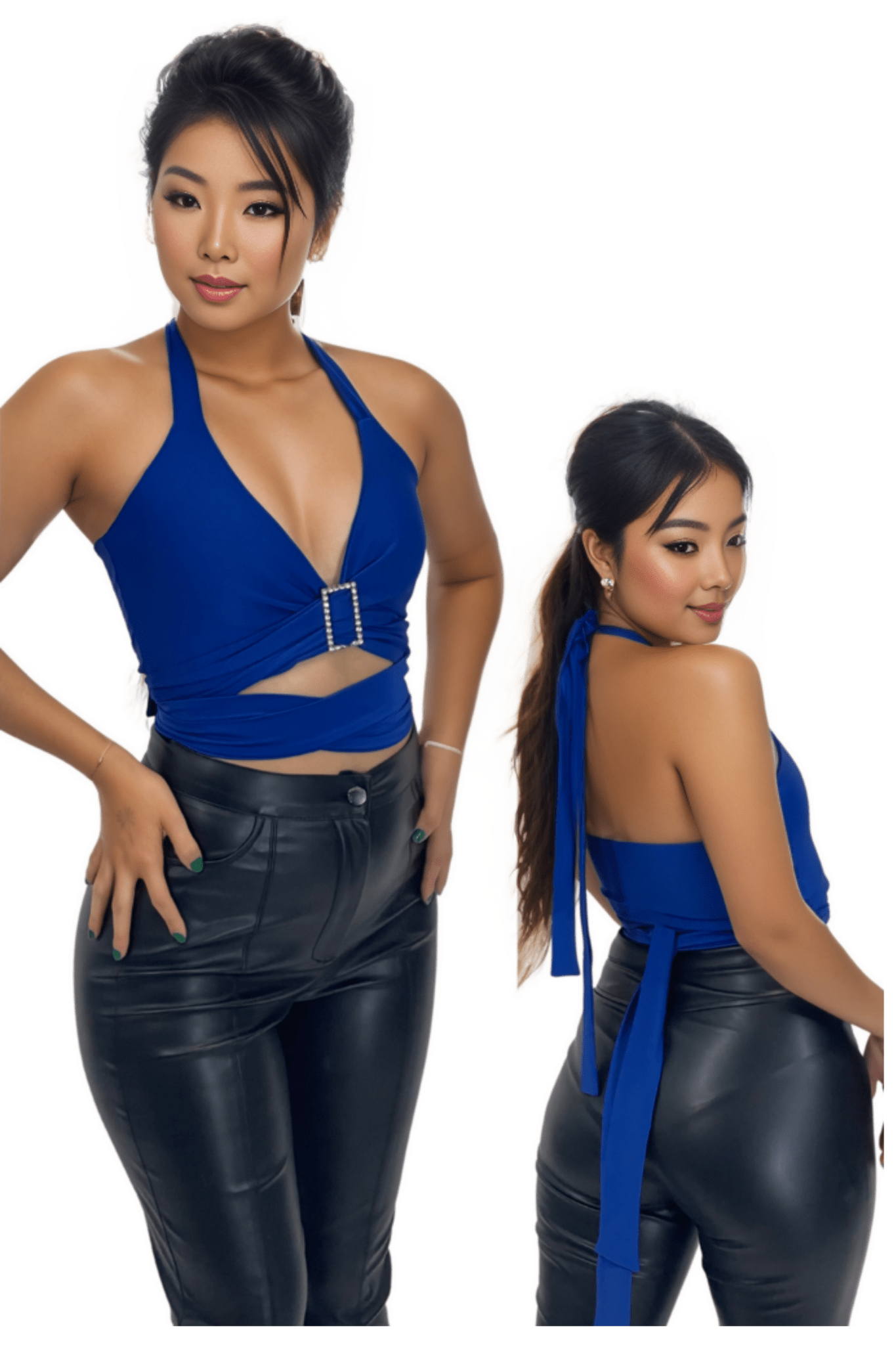 Multi - Way Halter Cross Neck Wrap Top with 2 Interchangeable Buckles – Adjustable, Chlorine - Resistant, Versatile Crop Top Cobalt Blue - Tenku Designs