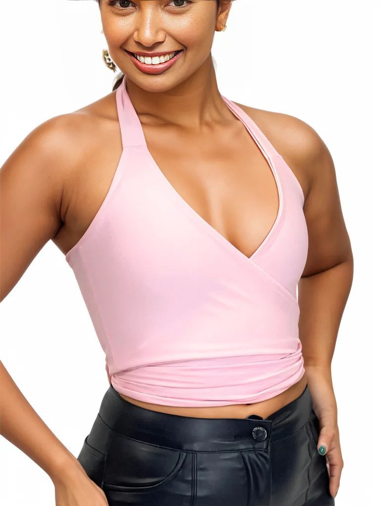 Multi - Way Halter Cross Neck Wrap Top with 2 Interchangeable Buckles – Adjustable, Chlorine - Resistant, Versatile Crop Top Light Pink - Tenku Designs