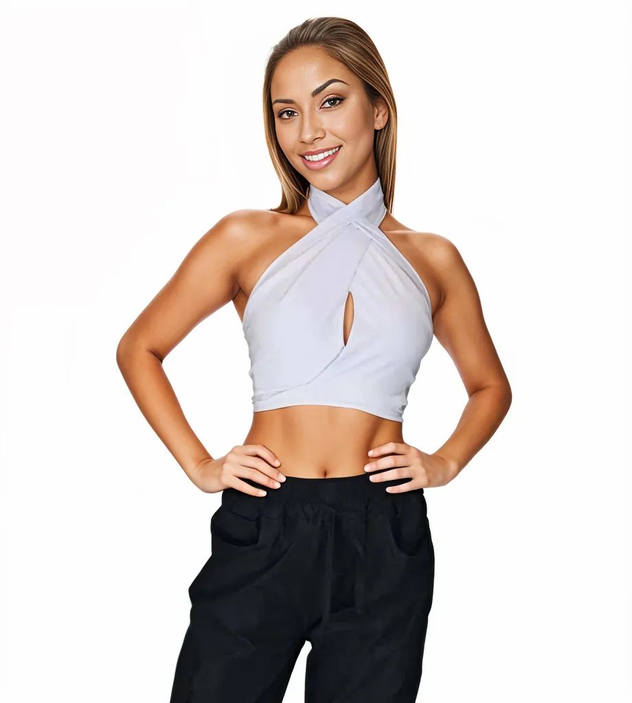 Multi - Way Halter Cross Neck Wrap Top with 2 Interchangeable Buckles – Adjustable, Chlorine - Resistant, Versatile Crop Top White - Tenku Designs