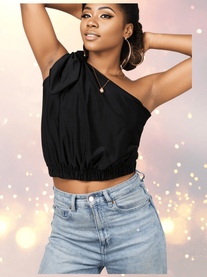 One Shoulder Puff Crop Top with 2 Free Interchangeable Buckles – Chlorine Resistant, Breathable, and Adjustable Halter Tie Black - Tenku Designs