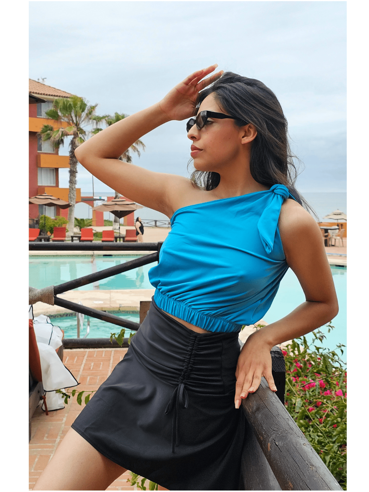 One Shoulder Puff Crop Top with 2 Free Interchangeable Buckles – Chlorine Resistant, Breathable, and Adjustable Halter Tie Blue - Tenku Designs